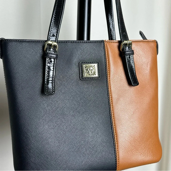 Anne Klein Black Tan Vegan Leather Shoulder Bag Patent Color Block Two Tone Faux - Picture 2 of 10